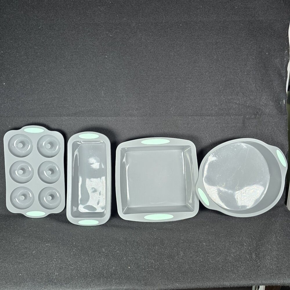 4 Piece Silicone Bakeware Set Round, Square Cake Loaf Pan Doughnut Molds